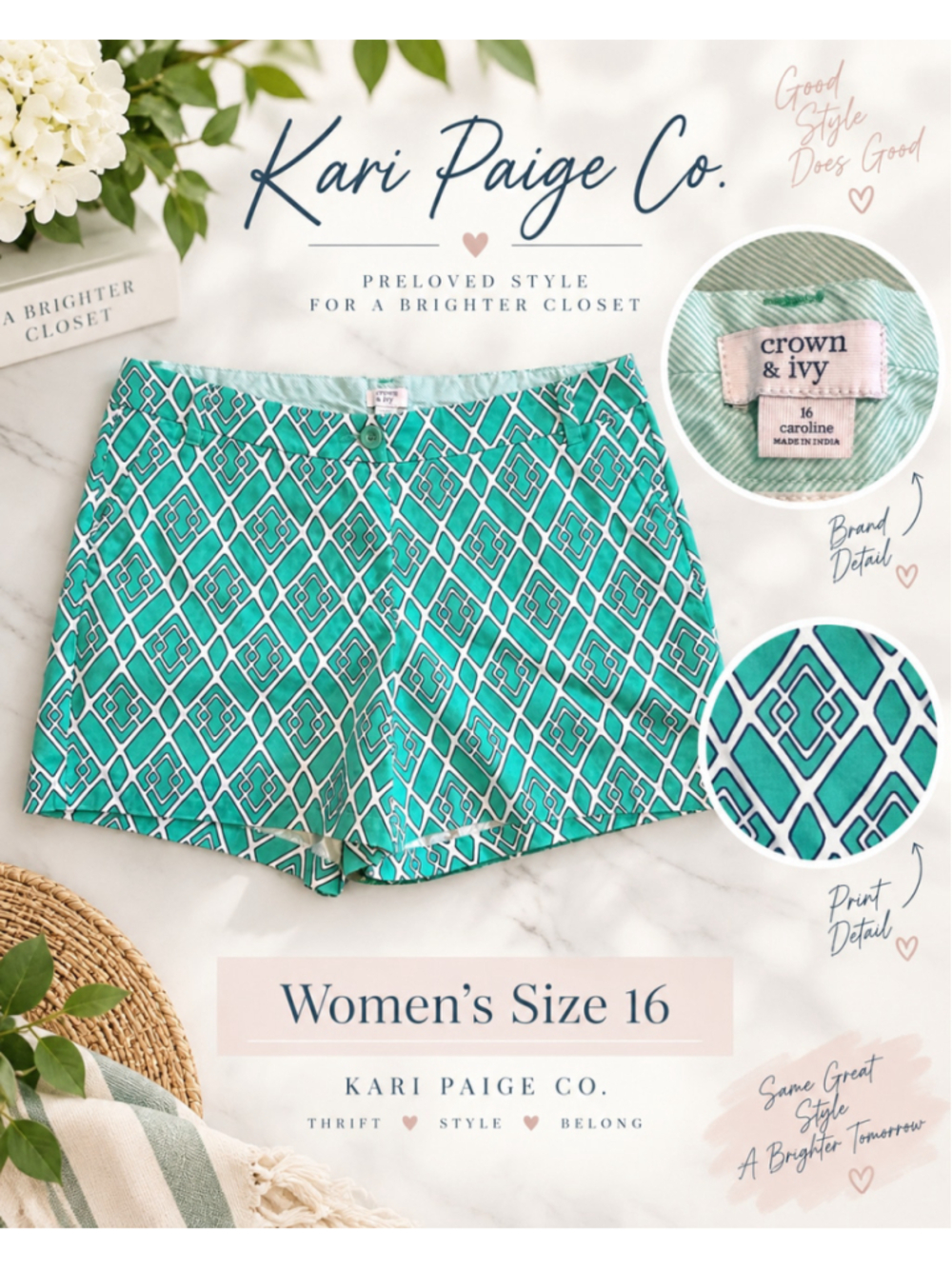 Women's Crown & Ivy Shorts Size 16 Green & White Patterned Summer F26